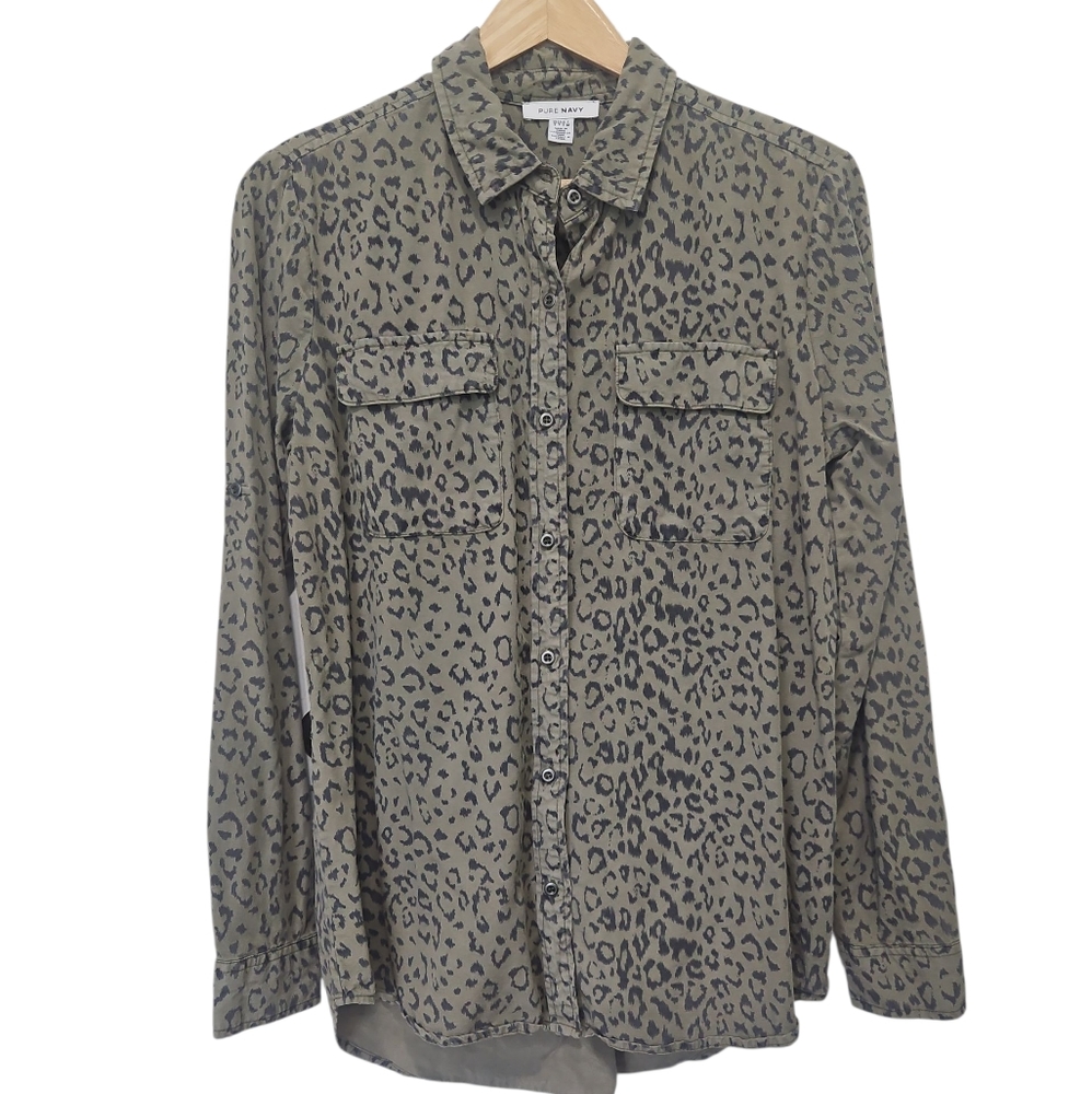 Pure Navy Leopard Print Long Sleeve Buttondown Shirt Size Small